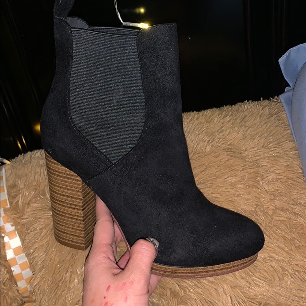 Black booties with wooden brown heel